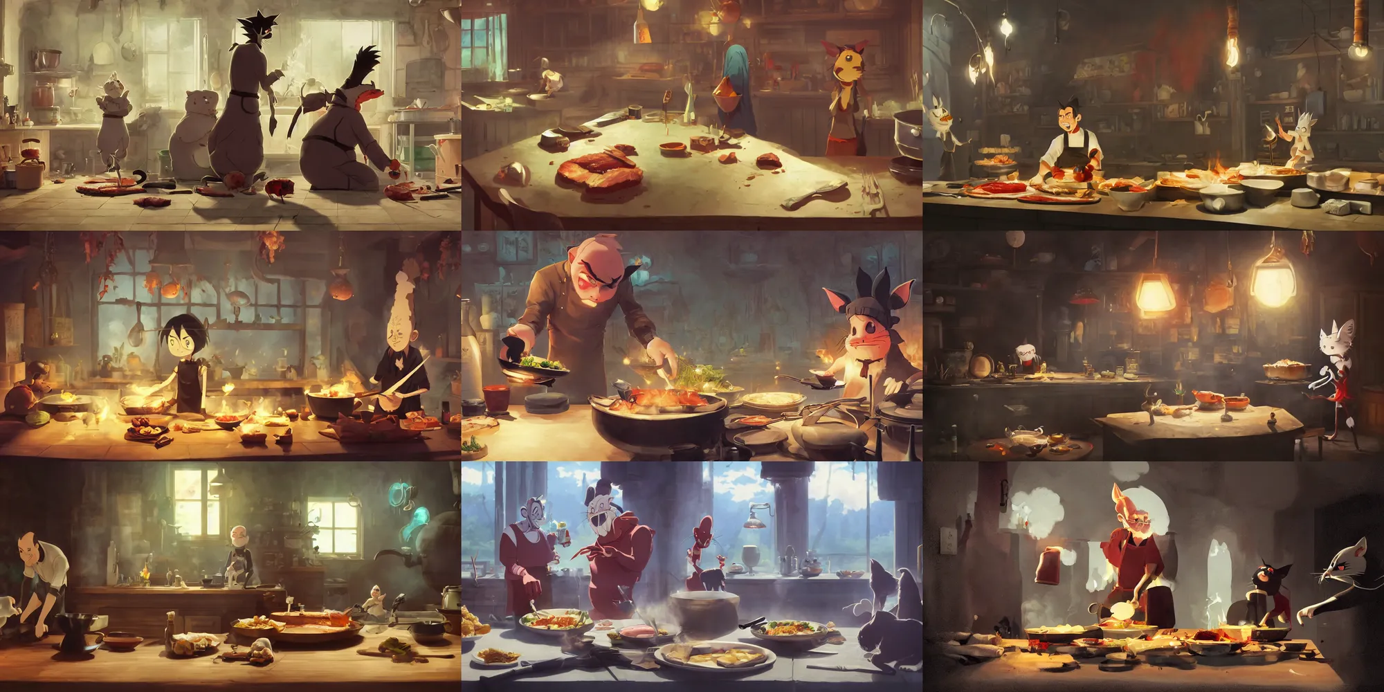 Prompt: a wholesome animation key shot of a nergal darski as a cheff cooking a bloody steak as his cats watch, medium shot, waist up, studio ghibli, pixar and disney animation, sharp, rendered in unreal engine 5, anime key art by greg rutkowski, bloom, dramatic lighting