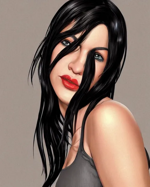 Prompt: portrait of a tall 4 0 - year - old woman, very!!! thin!!! lips, long, lush unkempt black hair, and thick eyebrows, wearing in black clothes, hyper realistic face, beautiful eyes, character art, art by mark brooks, hyperdetailed, cryengine, trending on artstation, digital art