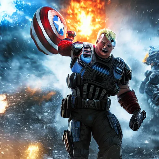 Image similar to Portrait! of President Donald Trump as ((captain america)) in Gears of War, splash art, movie still, cinematic lighting, dramatic, octane render, long lens, shallow depth of field, bokeh, anamorphic lens flare, 8k, hyper detailed, 35mm film grain