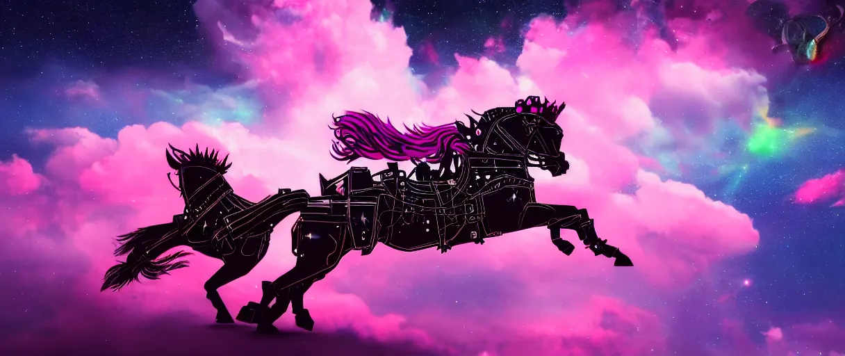 Prompt: space, a 3 horse - drawn, a mechanical horse with a pink mohawk drives a pirate spaceship, punk, hyperdetailed illustration, stars, pink, neon, oil painting, rich deep colors masterpiece, pirate neon ship, ultra detailed, contrast, heaven pink, clouds, volumetric light, atmospheric lighting, dramatic, cinematic, moody, octane render 4 k, 8 k