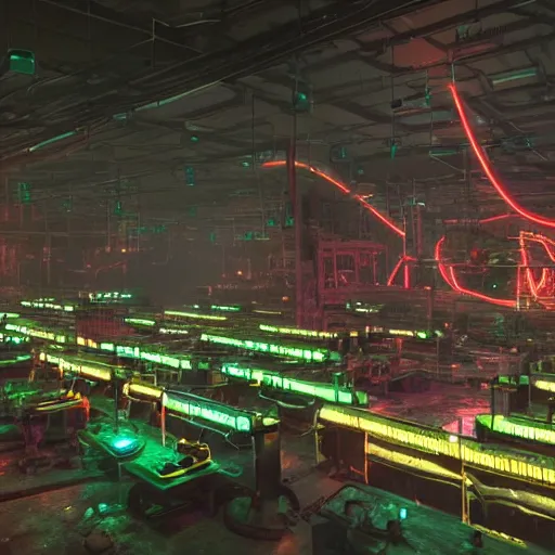 Prompt: epic scene of a large neon mechanical toad is being built by a team of people in a very creepy and dark warehouse, heaps of colored computer screens, glowing cables, dust, smoke, intricate details, ultra - realistic, 8 k, octane render, hyper realism