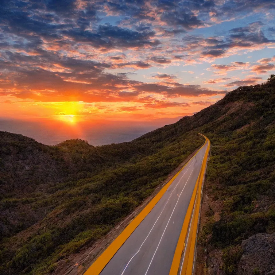 Prompt: a highway road leading to the horizon down a rocky mountain coast, the sunset is a pulsating heart of light. atmospheric good vibes