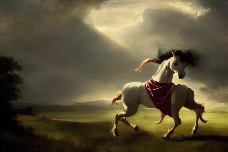 Prompt: a unicorn in the style of Caravaggio, walking across a rainbow. Beautiful clouds, highly detailed. Greg Rutkowski, digital art. Trending on artstation. Dramatic composition and beautiful light.