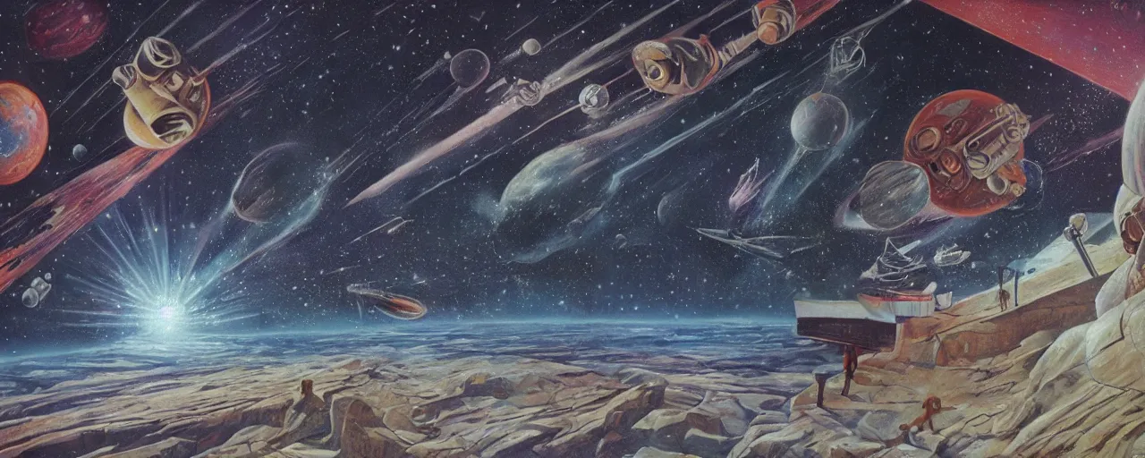 Prompt: rough texture, tempera, a beautiful future for space program, astronauts and space colonies, utopian, by david a. hardy, wpa, public works mural, socialist