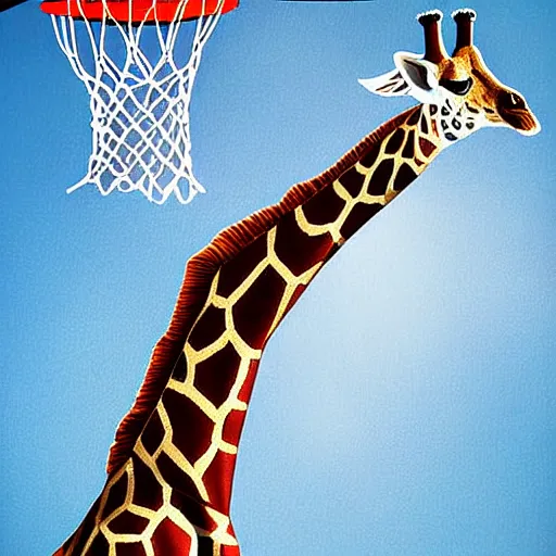 Prompt: giraffe dunking basketball in full stadium, digital art, highly detailed