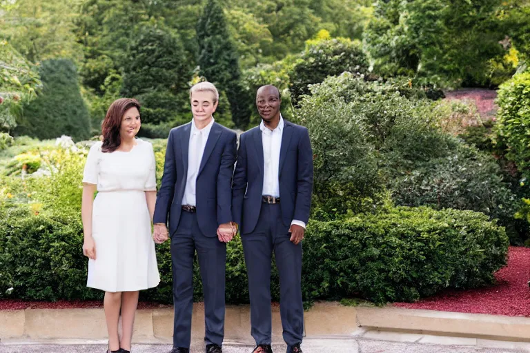 Image similar to beautiful 3 5 year old female president wearing suit alone in the white house rose garden with her two boyfriends, holding hands, press photo, dslr, bokeh, romantic