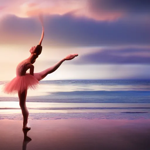 Image similar to a beautiful ballet dancer on a beach at sunrise, volumetric lighting, breathtaking, beautiful composition, intricate, elegant, digital art, detailed, oil painting, hyperrealistic, sharp focus, 8k