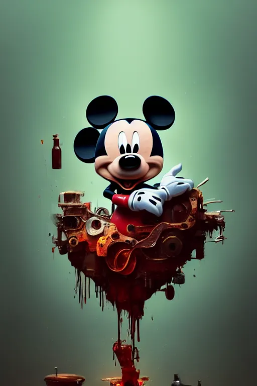 Image similar to mickey mouse open bloody head being repaired by mechanics, made by beeple, greg rutkowski,, alphonse mucha. cgsociety, unreal engine, octane render, highly detailed 4 k art, smooth, sharp focus, cinematic lighting, volumetric lighting, artstation,