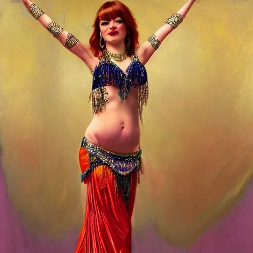 Image similar to a photorealistic portrait of emma stone dressed as a belly dancer, arabian night, high quality, fully detailed, 4 k, in focus sharp face with fine details, realistic hand details and anatomy composition, inspired by belly dancer on youtube, alphonse mucha, masterpiece, stunning