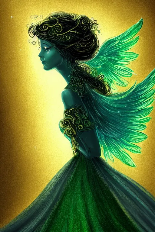 Image similar to a magic the gattering illustration of a woman angel , fantasy, gradient black green gold, dreamy and ethereal, green eyes, golden ratio, peaceful expression, ornate frilly dress, fantasy, intricate, elegant, rainbow splash of ink, highly detailed, digital painting, artstation, concept art, smooth,b sharp focus, illustration, art by scott fisher