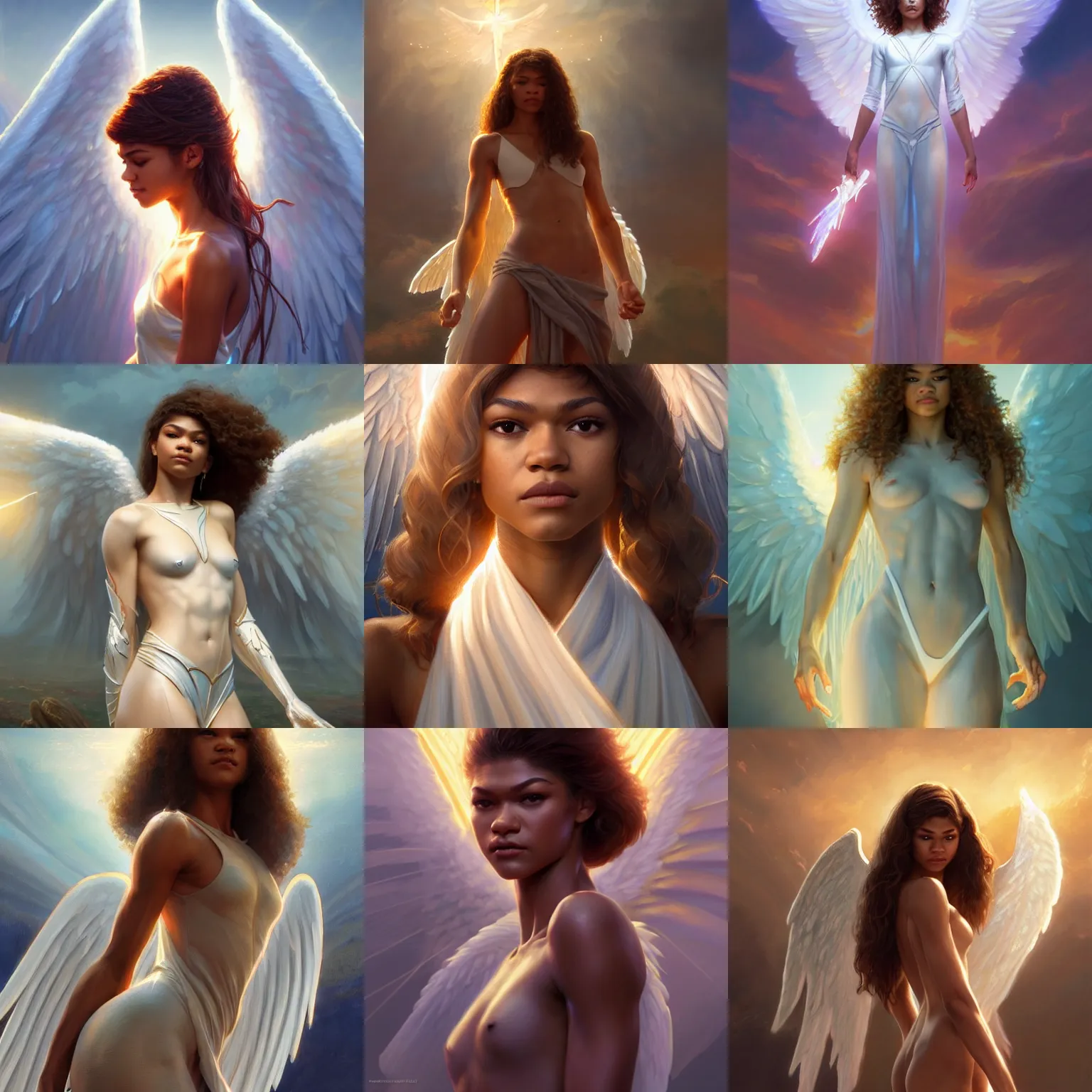 Prompt: zendaya as a heavenly angel, anatomy, bathing in light, highly detailed, digital painting, artstation, concept art, smooth, sharp focus, illustration, unreal engine 5, 8 k, art by art by artgerm and greg rutkowski and edgar maxence