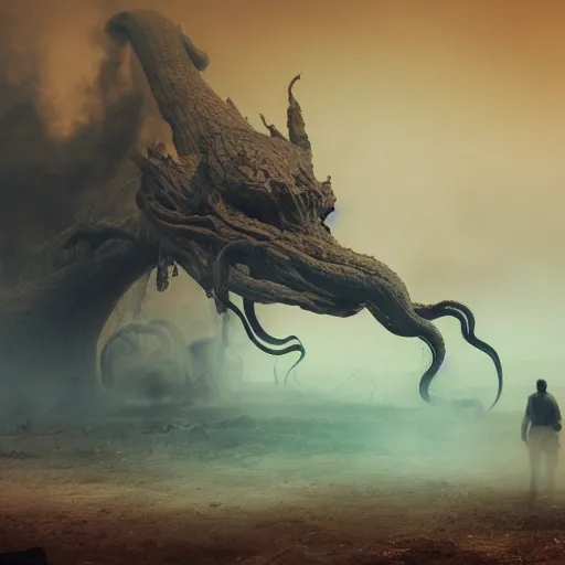 Prompt: Giant smoke monster coming out of the ground, thick swirling smoke, Nyarlathotep, Tentacles, mist, dramatic lighting, Byzantine ruins, desert, cinematic, trending on artstation