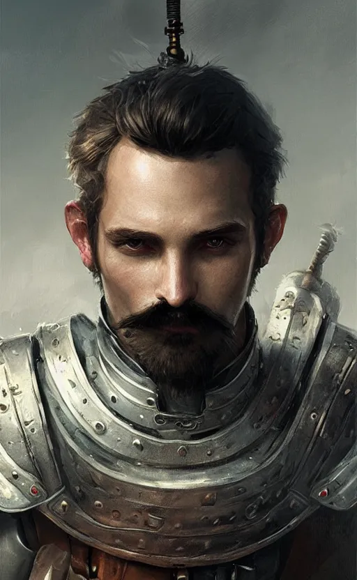 Prompt: Portrait of a Knight with a moustache, male, detailed face, fantasy, highly detailed, cinematic lighting, digital art painting by greg rutkowski