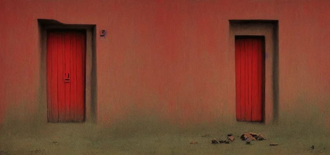 Prompt: red door standing in wasteland in style of zdzisław beksinski