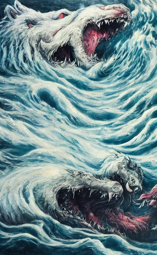 Prompt: amazing detailed abstract painting of two werewolf laying in a passionate embrace in a turbulent ocean, by francis bacon. they are fighting. waves and come cover them. hd. hq. trending on artstation. photorealistic