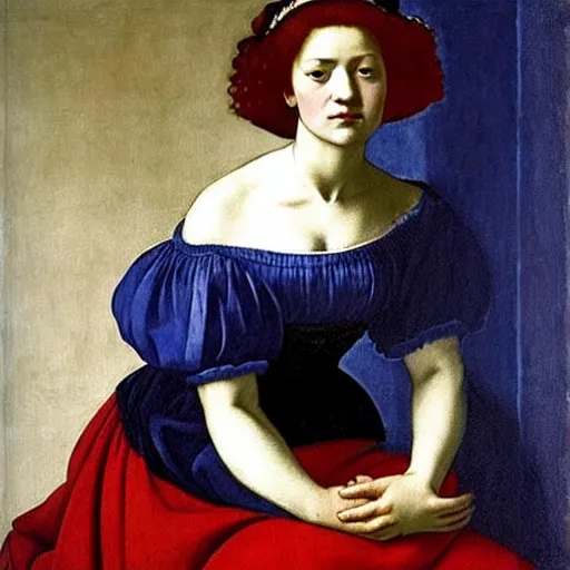 Image similar to fully clothed beautiful girl, she is wearing a blue dress, she has red hair, artemisia gentileschi