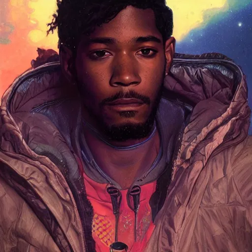 Prompt: scifi character portrait of Kid Cudi, dystopian mood, intricate, wild, highly detailed, digital painting, artstation, concept art, smooth, sharp focus, illustration, art by artgerm and greg rutkowski and alphonse mucha