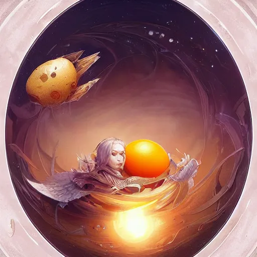 Image similar to a broken egg with the universe as the yolk pouring out, ultra realistic, concept art, intricate details, highly detailed, photorealistic, octane render, 8 k, unreal engine. art by artgerm and greg rutkowski and magali villeneuve and alphonse mucha