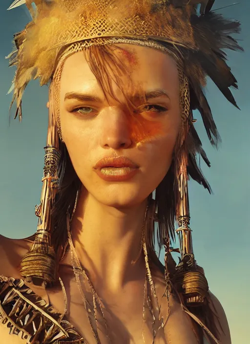 Prompt: hyper realistic photography portrait of coachella burningman pagan medieval tribal festival warrior curvy partygirl face cinematic, vallejo, julie bell, craig mullins greg rutkowski, artstation, cgsociety