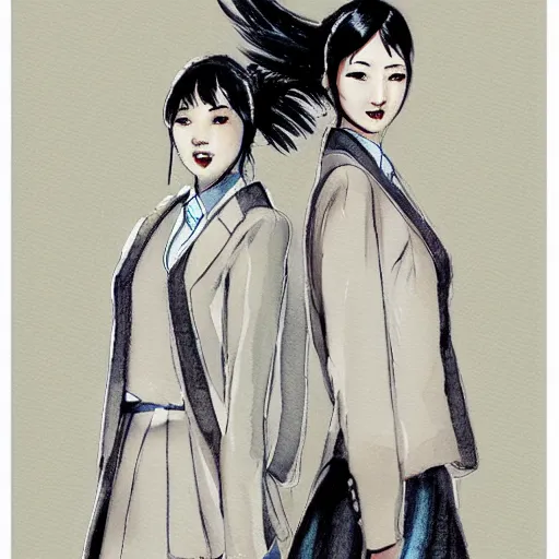 Image similar to a perfect, realistic professional digital sketch of two Japanese schoolgirls posing, in style of Marvel, full length, by pen and watercolor, by a professional American senior artist on ArtStation, a high-quality hollywood-style sketch, on high-quality paper