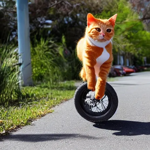 Image similar to orange tabby cat riding a unicycle