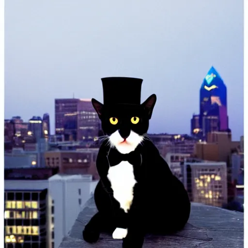 Prompt: photo of black photo of a Tuxedo Cat wearing a top hat, sitting on a rooftop at night time, Philadelphia skyline at night in the background