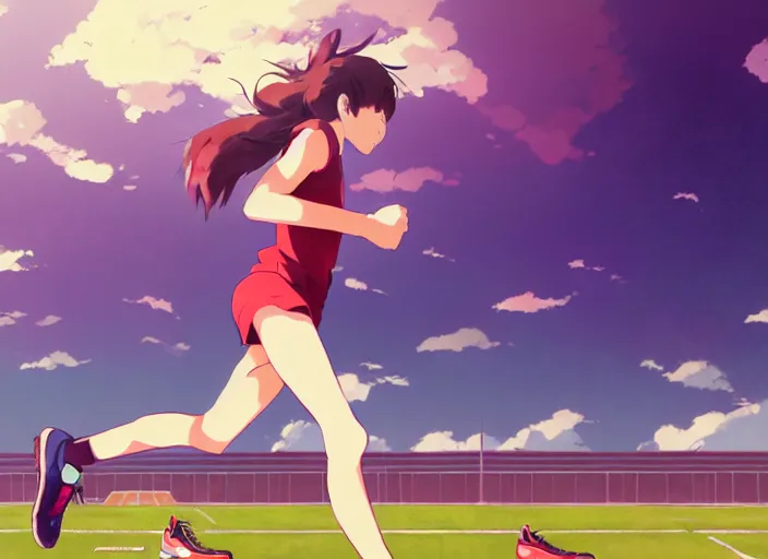 Prompt: portrait of high school runner girl, sunny sky background stadium landscape illustration concept art anime key visual trending pixiv fanbox by wlop and greg rutkowski and makoto shinkai and studio ghibli and kyoto animation symmetry red sports clothing marathon yellow running shoes number tag