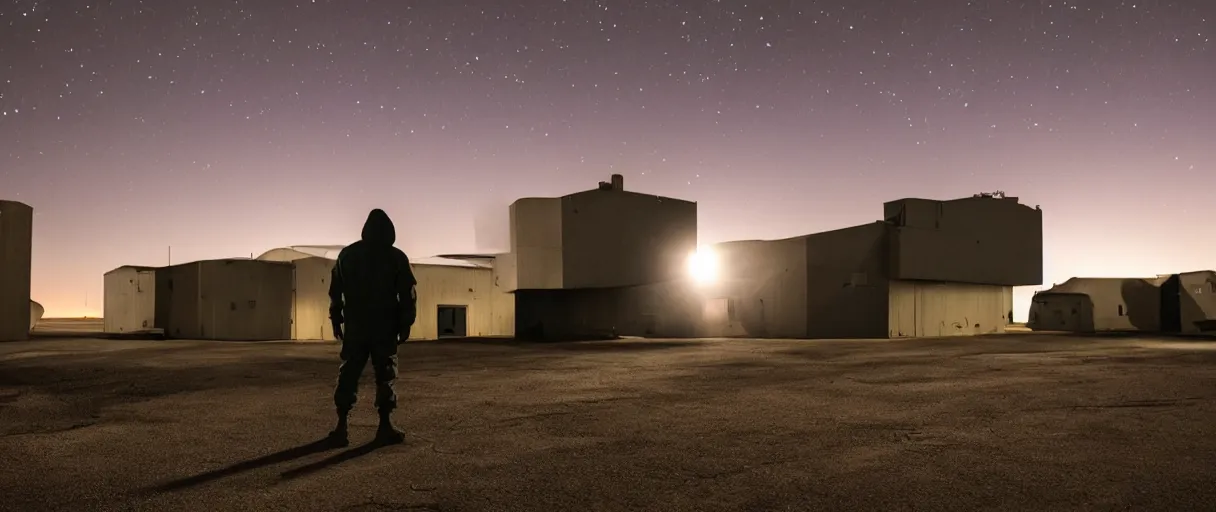 Image similar to a high quality color wide shot hd 4 k film 3 5 mm photograph of a bulky figure wearing a hoodie in full shadow silhouette sneaking around the exterior a top secret military base in antarctica at night