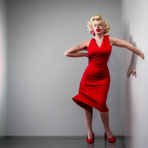 Image similar to Stunning modern studio portrait photograph of the original female model named Marilyn Monroe standing in a white room wearing a red dress, pretty face, digital art by NVIDIA, XF IQ4, f/1.4, ISO 200, 1/160s, 8K, RAW, unedited, symmetrical balance, in-frame, sharpened, RTX On