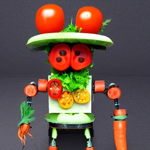 Prompt: robot made of vegetables with big tomato head and a carrot sword, made in abyss style