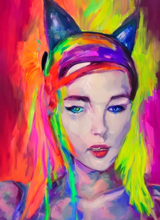 Prompt: girl with cat ears at a rave, realistic bikini, expressive oil painting, abstract art, trending on artstation, psychedelic, portrait