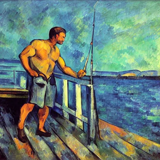 Prompt: ryan reynolds fishing from a pier in vancouver, painted by cezanne