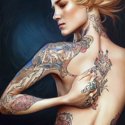 Image similar to ultra realistic illustration, a hot and beautiful tattooed blonde slavic woman in her 3 0's, intricate, elegant, highly detailed, digital painting, artstation, concept art, smooth, sharp focus, illustration, art by artgerm and greg rutkowski and alphonse mucha