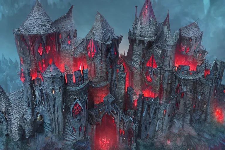 Image similar to big evil fairy castle - city rock dark shadow elves, might and magic heroes 7, dark fantasy, shadows, artstation trending, unreal engine 5, red