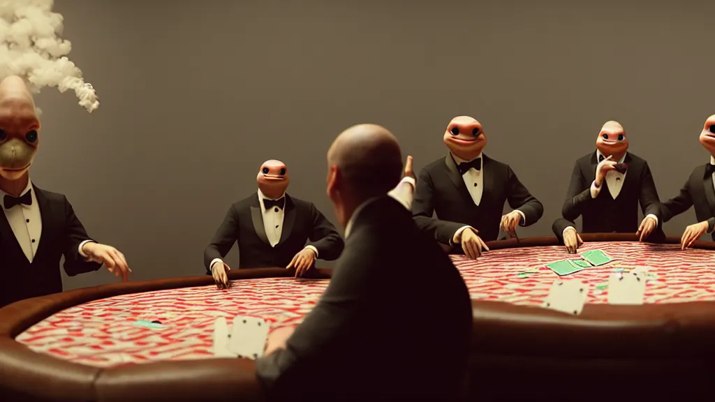 Image similar to hyperrealism simulation highly detailed human turtles'wearing detailed tuxedos and smoking, playing poker in surreal scene from art house movie from future by wes anderson and denis villeneuve and mike winkelmann rendered in blender and octane render