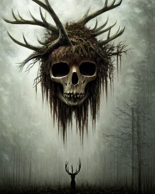 Image similar to oil painting of forest spirit made out of wooden sticks with a deer skull for a face, dark forest, fog, dark fantasy, gloomy, pale colors, by greg rutkowski