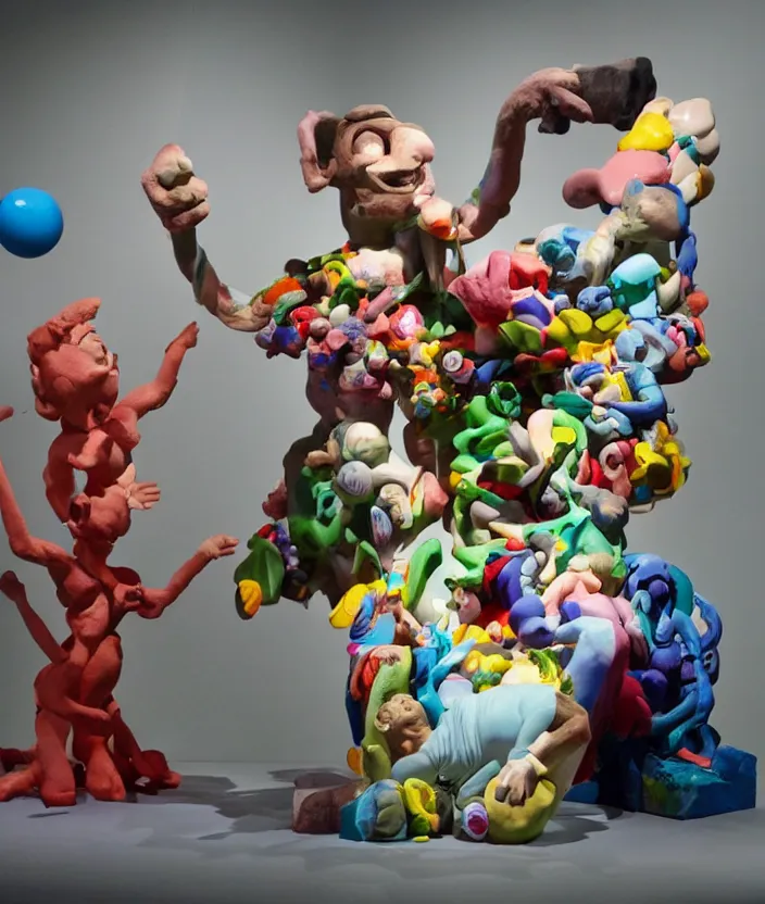 Image similar to a claymation film still of a contemporary sculpture / collection / contemporary art / gallery / museum / claymation by jeff koons and bruce bickford