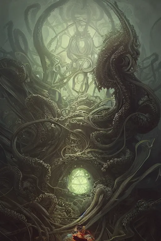Prompt: epic hyperdetailed portrait of 🐙🕷 lurking in the shadows. cthulhu. highly detailed portrait, rococo, digital painting, artstation, concept art, intricate, elegant. art by wlop and artgerm and greg rutkowski and alphonse mucha, masterpiece. misty cityscape