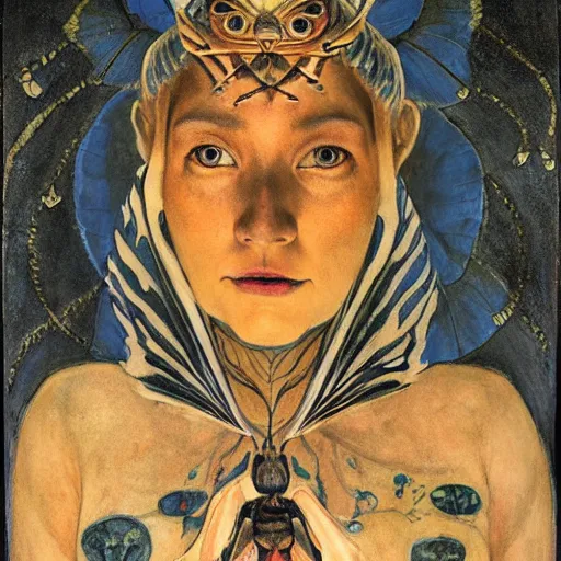 Prompt: the moth queen with her lantern, by Annie Swynnerton and Nicholas Roerich, bioluminescent skin, tattoos, elaborate costume, geometric ornament, symbolist, smooth, sharp focus, extremely detailed