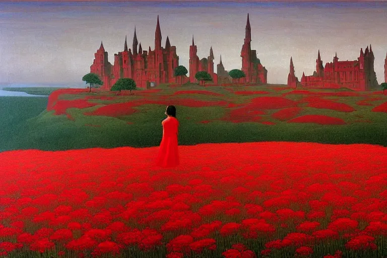 Image similar to only with red, a red expanse of flowers of different types, castle in background, goblin dance over the flowers, in the style of beksinski, parts by edward hopper, parts by rodcenko, parts by yue minjun, intricate and epic composition, red by caravaggio, insanely quality, highly detailed, masterpiece, red light, artstation, 4 k