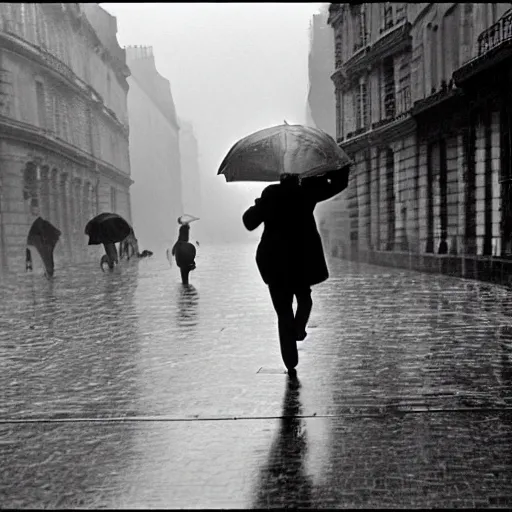 Image similar to the man leaping with an umbrella in a raining paris street, by henri cartier bresson,