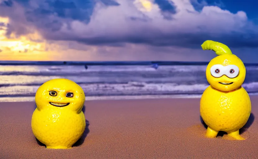 Prompt: 5 0 mm photograph, of a real anthropomorphic lemon character, unique style, with lemon skin texture, it is wearing a hat and scuba diving, building a sandcastle on the beach at sunset, beach, huge waves, sun, clouds, tropical trees, rim light, cinematic photography, professional, sand, sandcastle, volumetric lightening