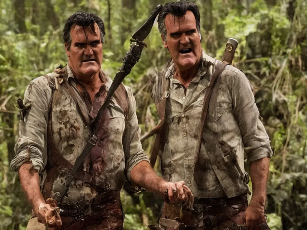 Prompt: Bruce Campbell as Ash in Muppets Evil Dead