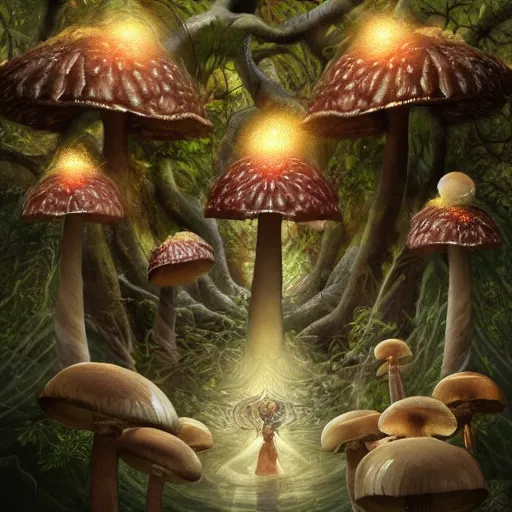 Image similar to mushroom goddess with group of elders, discussing the new season of friends, cynical realism, hiroya oku painterly, yoshitaka amano, chris cunningham, renderfruit, beautiful lighting, tendrils, in the style of, wlop, scientific diagram