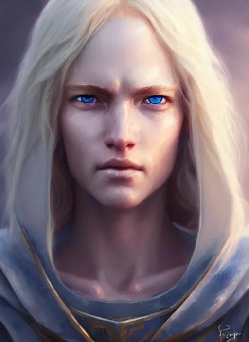 Image similar to a fantasy style portrait painting of shy white female paladin with blonde hair and blue eyes shy, scar under left eye, holy oil painting unreal 5 daz. rpg portrait extremely detailed artgerm greg rutkowski _ greg