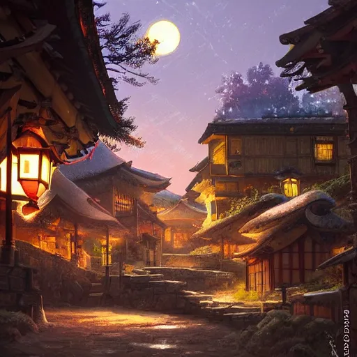 Image similar to concept art painting of a cozy village at night in a mountainous forested valley, historic european and japanese architecture, realistic, detailed, cel shaded, in the style of makoto shinkai and greg rutkowski and james gurney