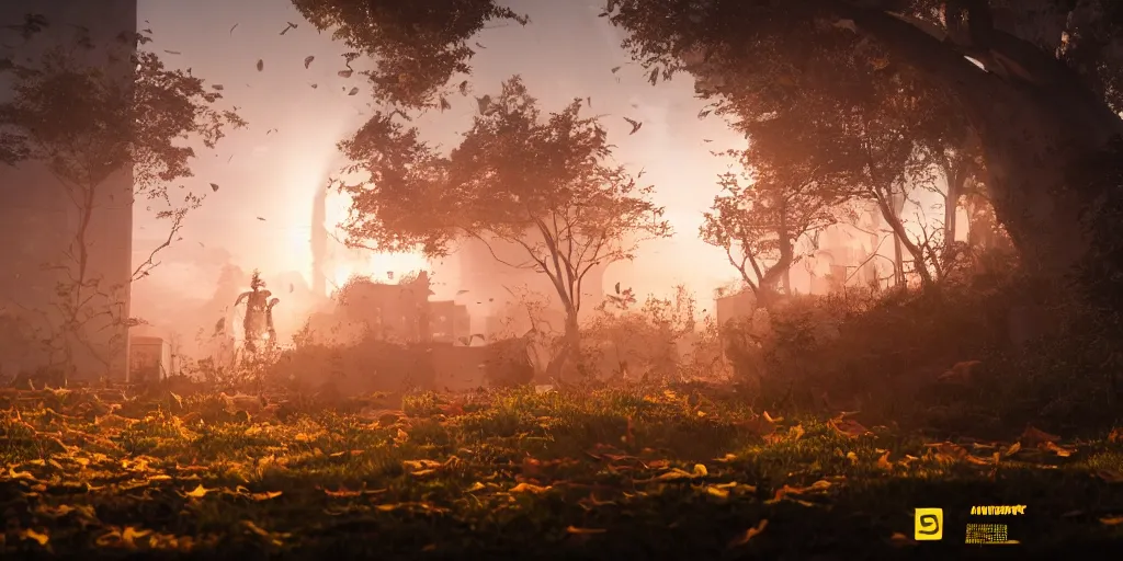 Prompt: A yellow baby rabbit, cyberpunk temple, sunset with falling leaves, Tyndall rays, low angle, light through the mist, dramatic lighting, photorealistic, cinematic lighting, high detail, cinematic feel, high octane, 4K, Unreal Engine, digital render, intricate, ultra realistic, concept art