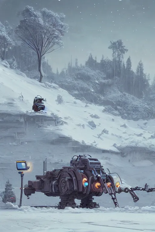 Prompt: mech being exhaisted from plowing snow from it's front yard, highly detailed, scifi, fantasy, highly detailed, digital painting, trending on artstation, concept art, sharp focus, illustration, global illumination, shaded, art by simon stalenhag