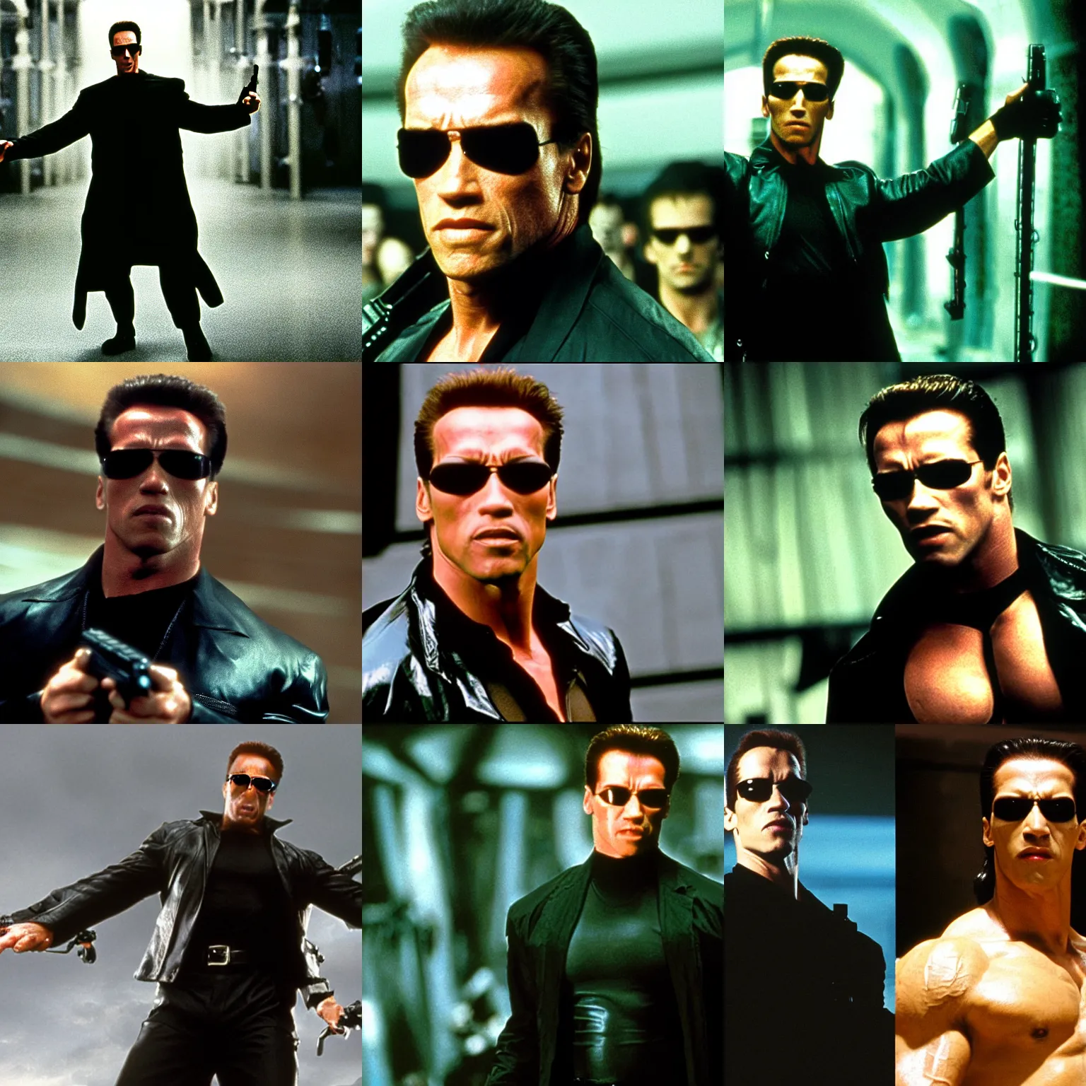 Prompt: arnold schwarzenegger starring as neo in the matrix