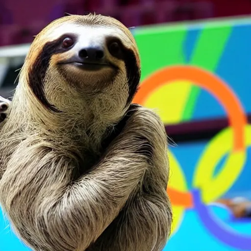 Prompt: a sloth, in a 1 0 0 m race against animals, at the tokyo olympics, with animals in the audience, in painting form